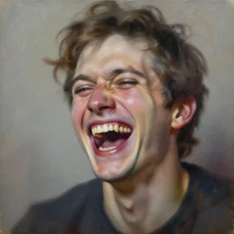 a schizophrenic person laughing likes a psycho, by ross tran, oil on canvas