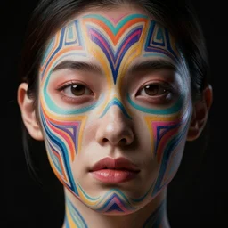a pretty woman face, skin as colorful geometric patterns, intricate, symmetrical, volumetric dramatic light, dark black background, sharp focus, highly realistic, octane render