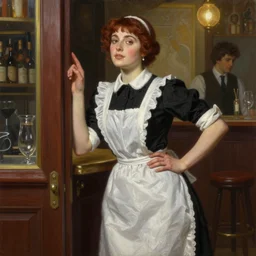 painting of barmaid leaning up against the door frame of saloon with one hand on waist beckoning for you to come inside. intricate, elegant, highly detailed, digital painting, artstation, concept art, smooth, sharp focus, illustration, art by artgerm and greg rutkowski and alphonse mucha