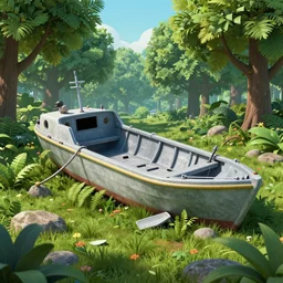 crashed vessel from another universe in the middle of a lush grove at sunset, cinematic render