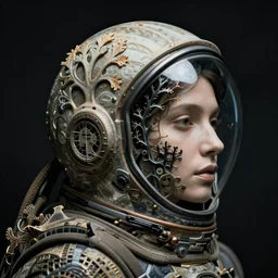 a woman's face in profile, wearing a space helmet made of intricate delicate seaweed, in the style of the dutch masters and gregory crewdson, dark and moody