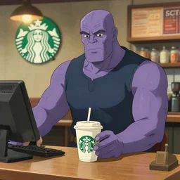 thanos working at starbucks, studio ghibli style, unreal engine, by beeple