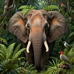 elephant face surrounded by ferns, rare birds, jungle, highly detailed, unreal engine render concept art, style of henri rousseau and richard scarry and hiroshi yoshida