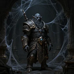 a 4 k cinematic screenshot still portrait of a dark dwarf in a dark liminal space room surrounded by spider webs, deep focus, d & d, fantasy, intricate, elegant, highly detailed, digital painting, art station, concept art, matte, sharp focus, illustration, dark fantasy style art, hearthstone, art by artgerm and greg rutkowski and alphonse mucha