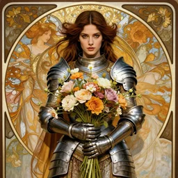 portrait of a beautiful mysterious woman warrior wearing an armour costume, holding a bouquet of flowing flowers, hands hidden under the bouquet, fantasy, regal, intricate, by stanley artgerm lau, greg rutkowski, thomas kinkade, alphonse mucha, loish, norman rockwell