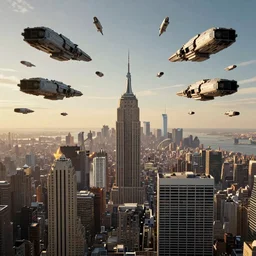 3 d point perspective, extreme long shot of spaceships hovering over the sky menacingly of cyberpunk gothic new york city, spacefighters patrolling around, occupation about to begin, golden hour, deep depth of field, make all elements sharp, aerial view, 8 k, octane, unreal 5, hyperrealistic, symmetrical, intricate digital art, photoshop, cgi, 3 d rendered model