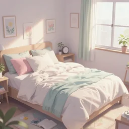 placid pastel morning messy bedroom trending on pixiv