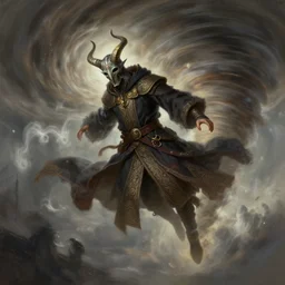 character concept art of wizard wearing half horned mask flying inside a tornado, full body shot, fantasy painterly style, intricate details, artwork by ross tran, artgerm, eimbrodered clothing