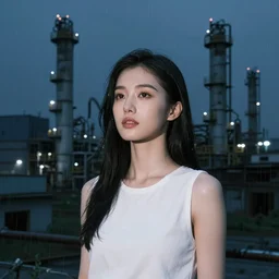 an asian woman in abandoned industrial city with towering factories at night in the rain, beautiful face, dark moody lighting, innocent look, post - apocalyptic, by jeremy mann and alphonse mucha, dramatic lighting, ethereal, stunning, breathtaking, awe - inspiring award - winning, 8 k