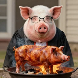 a pig roasting over a fire pit, dressed as a judge with glasses ” - face, realistic shaded, fine details. realistic shaded lighting, artgerm, trending on art station