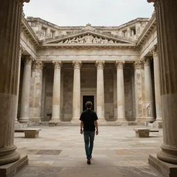 pov one man walking in a giant ancient neoclassical building, troglodyte temples in a deep pit, high quality, by andrei rublev