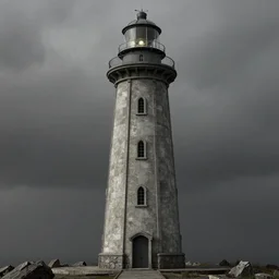 detailed intricate lighthouse, made of stone and concrete, brutalism style, dark and misty, full shot, full height, 8K octane render