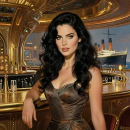 beautiful woman with long wavy curly black hair and green eyes, wearing a cocktail dress. clear detailed face. she is in the bar of the atlantis paradise, a retro futuristic spaceship made of brass bronze gold, art deco influence, hotel style design. bioshock, starship titanic. clean, well composed painting by artgerm and greg rutkowski.