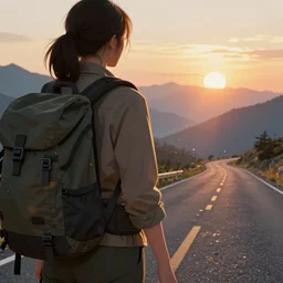 female ranger, back view, close up, backpack, free hands, beautiful, atmosphere, road, sunrise, mountains in the distance, concept art, color page, tone mapping, akihiko yoshida, james jean, andrei riabovitchev, marc simonetti, digital illustration, greg rutowski, volumetric lighting, sunbeams, particles