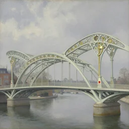 breathtaking detailed soft painting of entertwined bridges on a crystal grey sky, intricate right and curves light bridges in a canal, art nouveau music instrument and a red spot, rembrandt style, elegant, highly detailed, artstation, concept art, matte, sharp focus, art by tom bagshaw, and greg rutkowski
