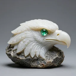 eagle head carved on a rock, green crystals as the eyes, photorealistic, studio photograph, studio lighting, jewel