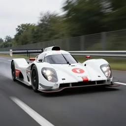 Dauer 962 LeMans road car racing down high way  motion blur front side view