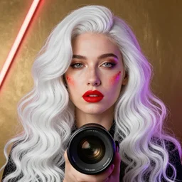 woman, high sharpness, zeiss lens, fashion photoshoot, neon shadows, long white wavy hair, red lipstick, against gold, they have gasoline on their face, ralston crawford, annie leibovitz, georgia totto o'keeffe,, artistic, hyper - realistic, beautiful face, octane rendering