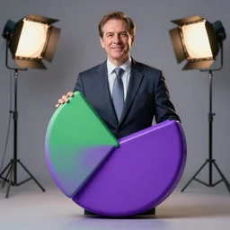 hyperreal lifelike corporate portrait, anthropomorphic edible piechart, snake oil ceo, uncle aloysius family medicine depot, purple green color scheme, professional studio lighting