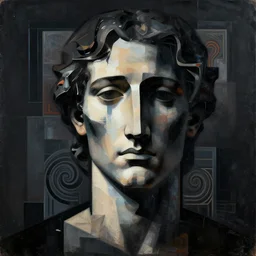 epic concept art. abstract male face silhouette mixing with black and color liquid fluid. abstract sculpture. vertical rectangles, rectangles, cubes. art deco swirls. masterpiece, michelangelo. concept art, matte painting. greg rutkowski, wlop, victo ngai, kandinski
