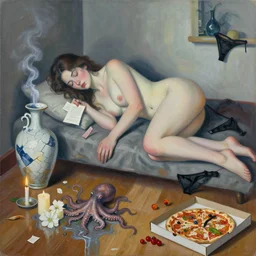 a female artist's apartment, sensual, portrait of a woman sleeping, cracked japanese pottery vase, smouldering letters, candles, white flowers on the floor, puddle of water, octopus, squashed berries, pizza box, pancakes, black underwear, neo - expressionism, surrealism, acrylic and spray paint and oilstick on canvas