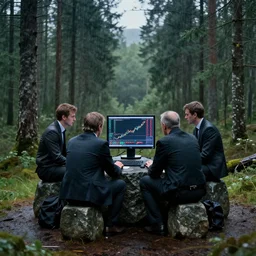 photography of businessmen sitting around and worshipping a computer on a stone in the norwegian forest, showing stock charts going up, in the humid and rainy norwegian forest, photorealistic photoshop montage, film still of ex machina, pentax, 8 0 mm, f 4. 0, professional lighting, 4 k, trending on artstation