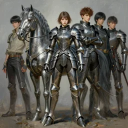 portrait full body girl metal armor and metal horse poses by gaston bussiere, anna nikonova aka newmilky, greg rutkowski, yoji shinkawa, yoshitaka amano, tsutomu nihei, donato giancola, tim hildebrandt, digital painting, trending on artstation, featured on pixiv, cinematic composition, 8 k