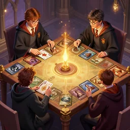 wizards from harry potter playing a magic card game, isometric view, by brian alfred