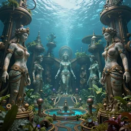 large statues of Gaia and Oranos inside the underwater steampunk temples in the lush garden of eden located under active Toba supervolcano caldera, ultra detailed, photo realistic, digital art, octane render, 8k resolution