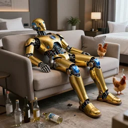 portrait photo of a shiny golden and blue metallic futuristic steampunk humanoid robot sleeping on a sofa in a modern hotel room, empty bottles all over the floor, next to the robot is a chicken, messy, pressphoto, insanely detailed, wide shot