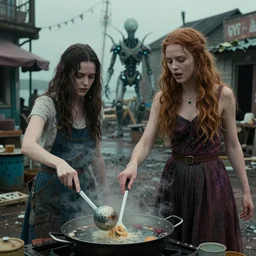 she makes the deep boil. dark fantasy story about two casually - dressed women in a dirty seaside town, a globster, and a beautiful song. color cinematic still from an action - packed 2 0 1 1 angelic!! hybridizing alien - robot invasion science - fiction blockbuster movie ; highly - detailed.