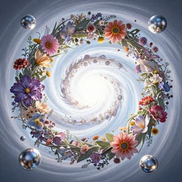 An epic fantastic realism comic book style painting of the most beautiful spiraling entwined flowers launched exquisitely across the bright spinning universe, floating bouquets, fisheye, perfect shiny iridescent silver spheres,  unreal 5, DAZ, hyperrealistic, octane render, dynamic lighting