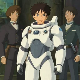 a man with a futuristic white space armor, in the style of studio ghibli, j. c. leyendecker, greg rutkowski, artem