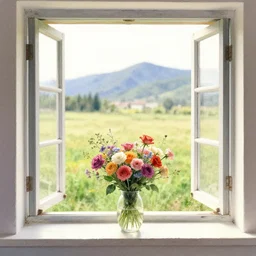 open window, you can see the field and the mountains. bouquet of flowers on the windowsill, watercolor