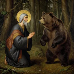 St. Seraphim of Sarov talking to a bear in the woods by Leonardo Da Vinci