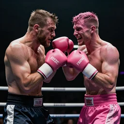 filthy frank and pink guy boxing each other, realistic, dark, aggressive, 4 k, pink guy is laughing at filthy frank