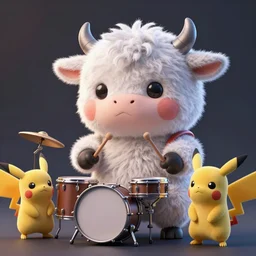 high quality 3 d render very cute neuromancer fluffy! cyborg cow playing! drums!!, highly detailed, unreal engine cinematic smooth, in the style of blade runner & detective pikachu, hannah yata charlie immer, moody light, low angle, uhd 8 k, sharp focus