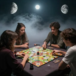 friends playing board game, on the moon, fog, dramatic lighting