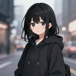 black haired girl wearing hoodie, city, anime style digital painting by yumei