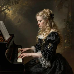 misa amane, gothic dress, playing the piano. by rembrandt, ( ( konstantin razumov ) )