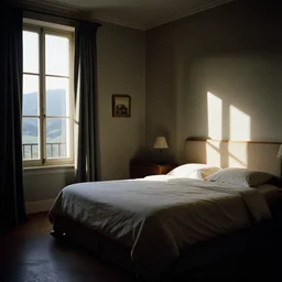 A bedroom designed by Hugo Comte, 35mm film, long shot