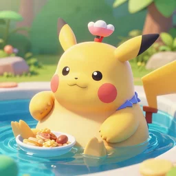 a 3 d render of a chubby nessa from pokemon sword and shield resting in a pool after eating, high detail, 8 k resolution