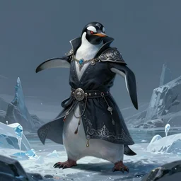 anthropomorphic evil penguin, dark clothes, icy landscape, martial pose, dnd, mystical, character, fantasy, intricate, elegant, digital painting, artstation, concept art, smooth, 8 k frostbite 3 engine, ultra detailed, art by artgerm and greg rutkowski and magali villeneuve