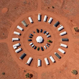 aerial drone photograph of a radially planned campsite on the transition of the australian red desert with pickup trucks, solar panels, water silo, diversely coloured and shaped tents, shower facilities and prefab medical center