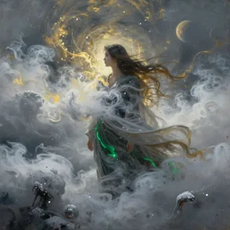 streams of smoke and snow swirl and hide a woman behind clouds, swirling flashes of gold and silver light, long wind - blown sheets, traces of green, cinematic lighting, fantasy painting, distant planet