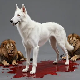 high intricate full shot of a white hellhound, the path to hell is covered in blood, dog, lion, tiger, maria panfilova, andrea savchenko, mike kime, ludovic plouffe, qi sheng luo, oliver cook, makoto shinkai, trending on artstation