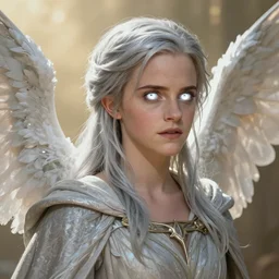 Portrait of Emma Watson, white glowing eyes, silver shaggy hair, cloak, ethereal wings, male, fantasy, extremely detailed, digital painting, artstation, concept art, smooth, sharp focus, illustration, stunning lighting, art by artgerm and greg rutkowski and alphonse mucha and simon stalenhag, realistic character concept, high fantasy, light atmosphere, golden ratio, cinematic lighting, hyperdetailed, high resolution, insanely detailed and intricate, artstation, Marc Simonetti, Greg Rutkowski, 8k