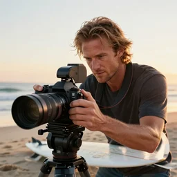 a closeup photorealistic photograph of wayne gretzky operating a film camera at the beach during sunset while riding a surfboard. bright scene. fine detail. this 4 k hd image is trending on artstation, featured on behance, well - rendered, extra crisp, features intricate detail, epic composition and the style of unreal engine.