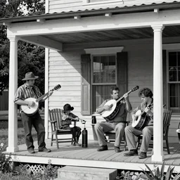 towny locals playing banjo on the front porch, jug band, old timey, highly stylized art