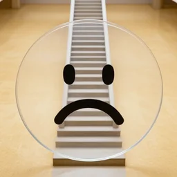 clear circle, sad face, endless stairs, wax floor